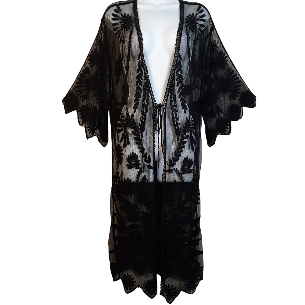 Black Cotton Blend Lace Summer Cardigan Front Tied At Waist Size OS